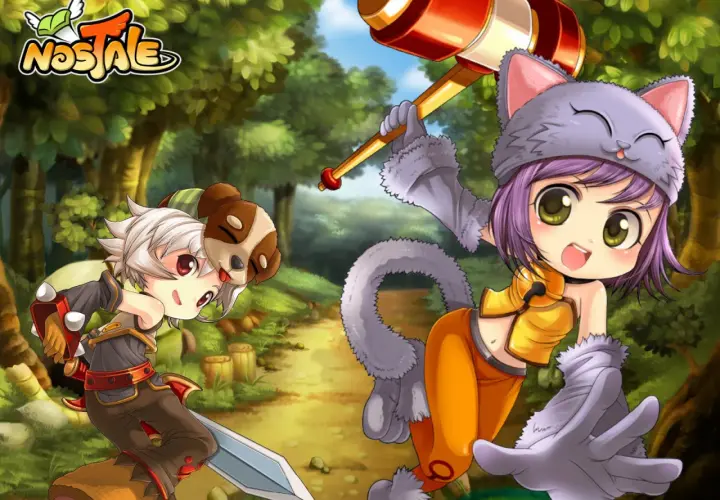 Dwoje uroczych bohaterów w stylu anime mmorpg, chłopiec z mieczem i dziewczynka z młotem, w lesie.