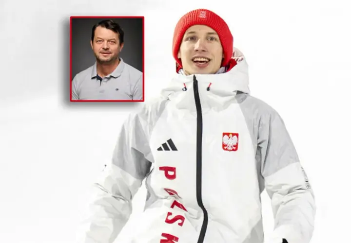 Kacper z rodzicami. Na zdjęciu skoczek narciarski w stroju reprezentacyjnym i jego ojciec.