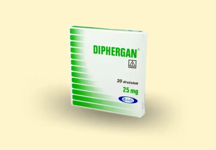 Opakowanie leku Diphergan 25 mg, zawierające 20 drażetek.