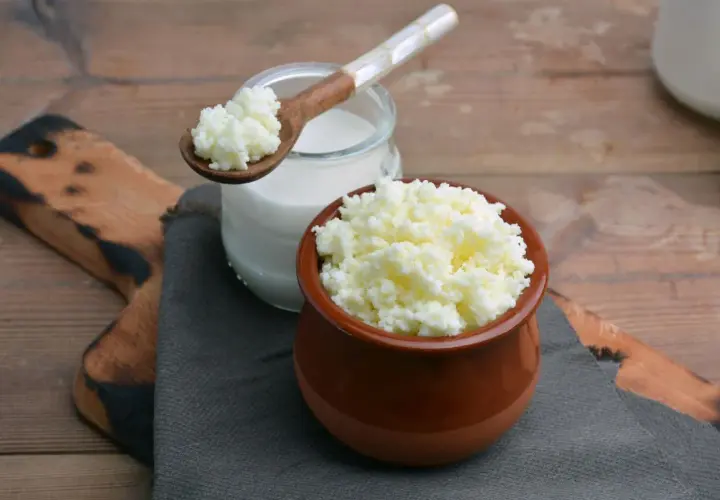 Grani di latte di kefir in un vasetto di terracotta e su un cucchiaio di legno, accanto a un bicchiere di latte di kefir.