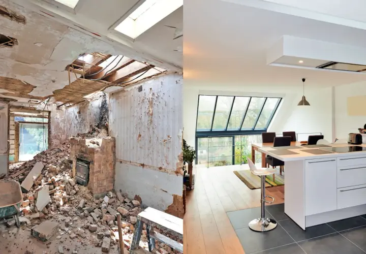 Avant/après : une maison en ruine transformée en cuisine moderne et lumineuse. Un choix entre construire ou acheter.