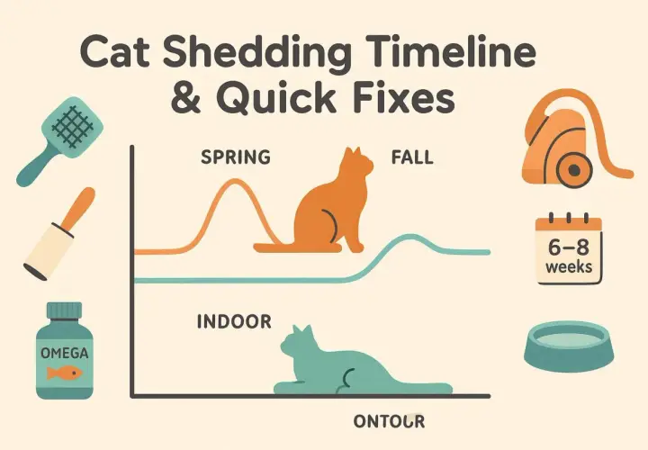 Cat shedding timeline shows peak shedding in spring and fall. Indoor cats shed less. Tools like brushes, vacuums, and omega supplements help manage cat shedding.