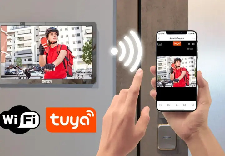 Monitor z kamerą i smartfon z aplikacją Tuya Smart PC pokazują kuriera.