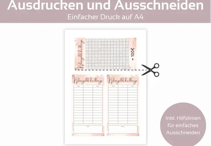 Zwei Vorlagen für eine Kleingeldchallenge zum Ausdrucken und Ausschneiden. Jede Vorlage hat Felder für Datum, +/- und Summe, um das Sparen zu verfolgen.