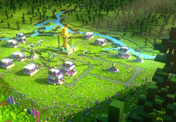 Wioska w stylu Minecraft z rzeką i lasem. Dowiedz się, jak włączyć komendy w MC, by tworzyć takie cuda!