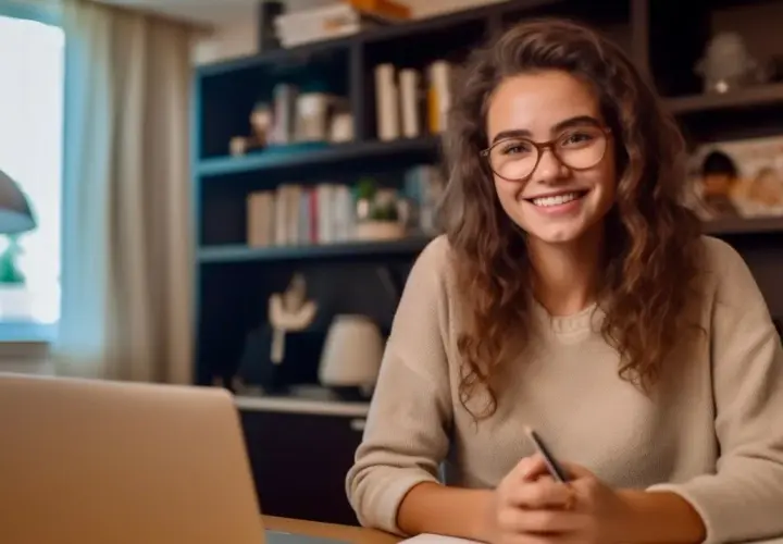 Lächelnde junge Frau mit Brille lernt am Laptop. Sie nutzt die Zeit für ein Bildungsurlaub Fernstudium, um sich weiterzubilden.
