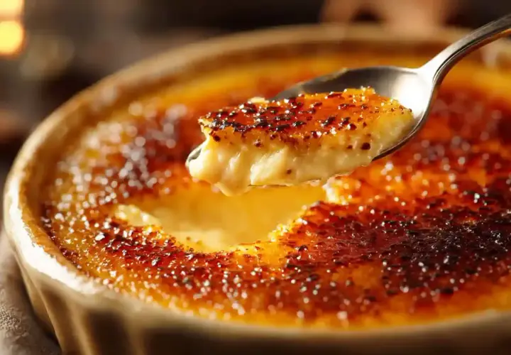 Une cuillère prélève une bouchée d'une véritable recette crème brûlée, révélant sa texture crémeuse sous une croûte caramélisée et craquante.