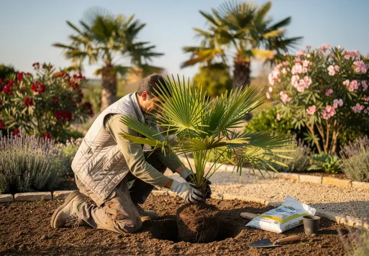 Un homme agenouillé est en train de planter un palmier dans un jardin ensoleillé, entouré de fleurs roses et de lavande.