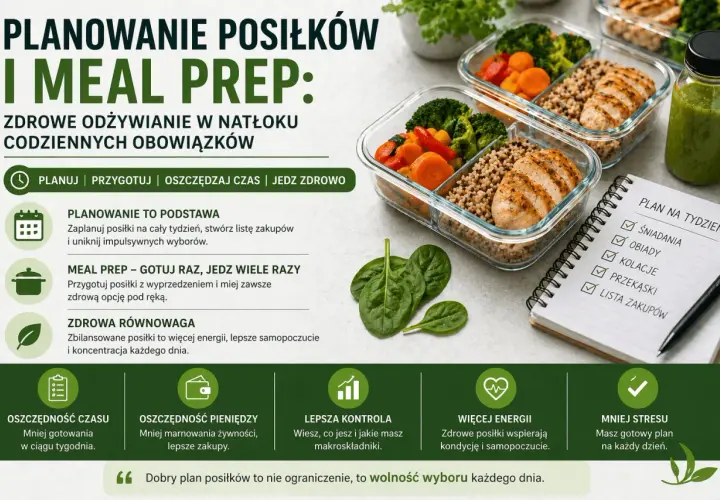 Gotowe pojemniki z jedzeniem, liście szpinaku i notatnik z listą zakupów. Meal prep to klucz do zdrowego odżywiania i oszczędności czasu.
