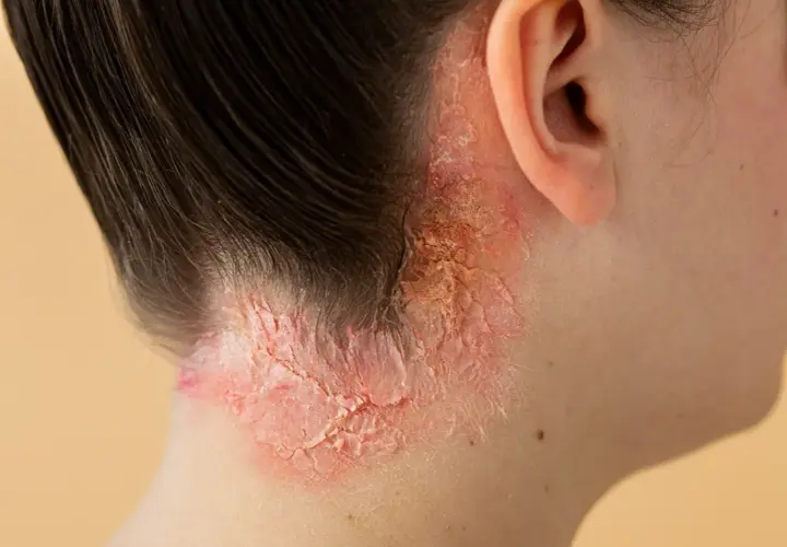 Piel irritada y escamosa en el cuello, posible alergia al cloro de piscina que causa problema respiratorio.