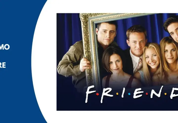 Il cast di Friends, ideale per un film inglese livello B1, sorride incorniciato.