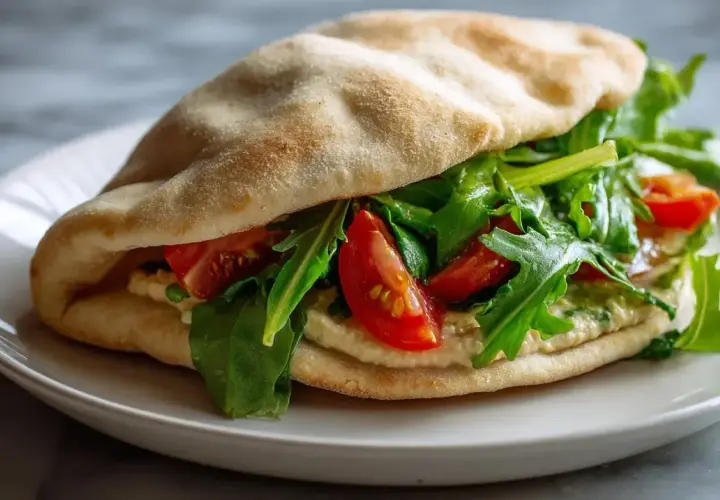 Sandwich pita garni de houmous, roquette et tomates. Une recette simple et savoureuse.