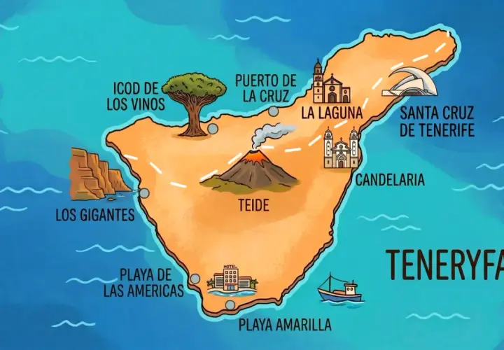 Mapa Teneryfy, gdzie leży, z zaznaczonymi atrakcjami: Teide, Los Gigantes, Puerto de la Cruz, La Laguna, Santa Cruz.