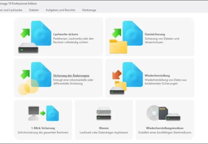 O&O DiskImage 18: Menü für Laufwerkssicherung, Dateisicherung, inkrementelle Sicherung, Wiederherstellung, 1-Klick-Sicherung, Klonen und Erstellung von Wiederherstellungsmedien.