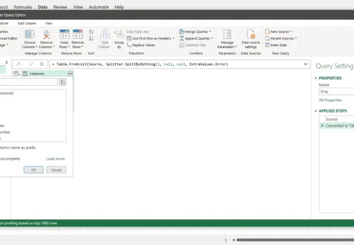 Editor Power Query per trasformare dati da JSON a Excel, selezionando colonne e opzioni di prefisso.