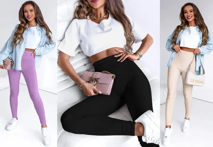Trzy kobiety prezentują stylizacje z legginsami: fioletowymi, czarnymi i beżowymi. Idealna bluzka do legginsów to crop top.