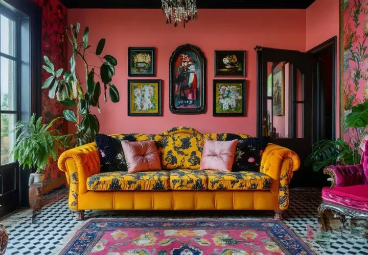 A vibrant room showcasing maximalist art, with a yellow patterned sofa, pink pillows, and a pink armchair against a coral wall.
