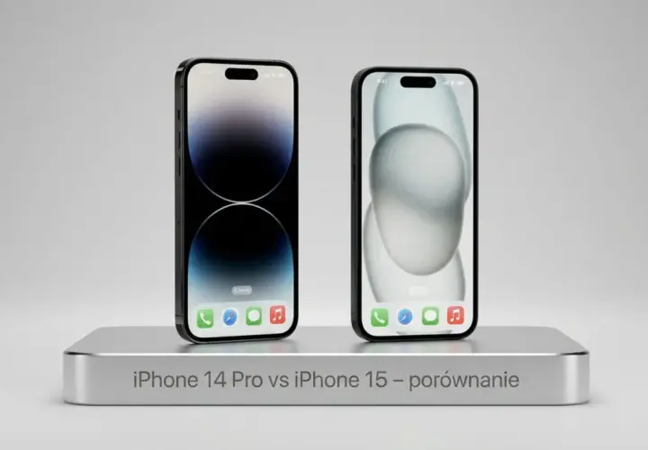Dwa iPhone'y na srebrnej podstawce: iPhone 14 Pro i iPhone 15. Porównanie modeli.