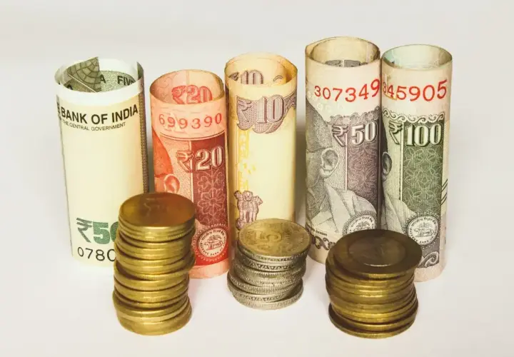 Zwijane banknoty i monety pokazują, jaka waluta w Indiach jest używana: rupie indyjskie o nominałach 5, 10, 20, 50 i 100.