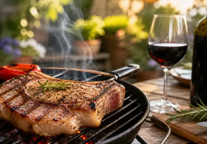 Un succulent steak grillé, des légumes rôtis et un verre de vin rouge. Parfait pour une soirée grillade.