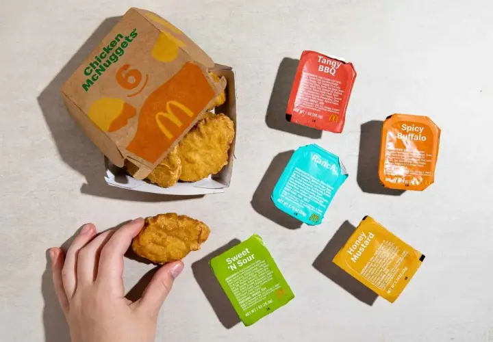 Nuggetsy McDonald kcal: 6 sztuk Chicken McNuggets z różnymi sosami: Tangy BBQ, Spicy Buffalo, Ranch, Sweet 'N Sour, Honey Mustard.