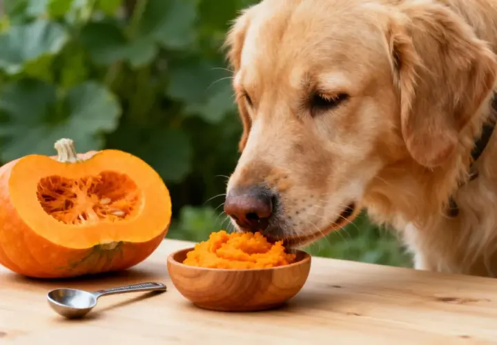 A golden retriever enjoys a healthy meal of pumpkin for dogs from a wooden bowl, with a halved pumpkin nearby.