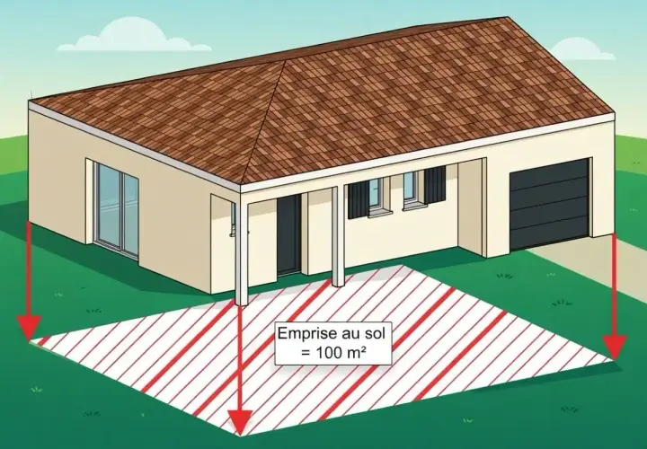 Illustration d'une maison avec garage. Une zone hachurée au sol indique l'emprise au sol de 100 m², délimitée par des flèches rouges.