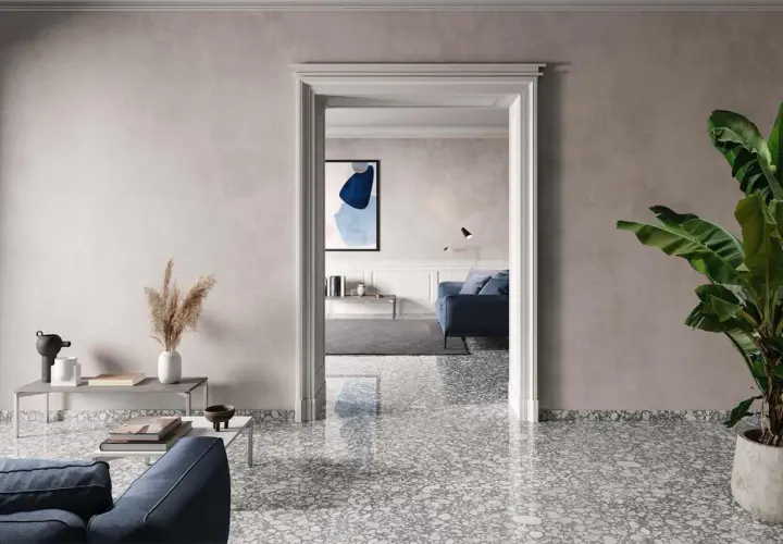 Gres porcellanato sottile: pro e contro di un pavimento moderno. Un soggiorno elegante con un tocco di design.