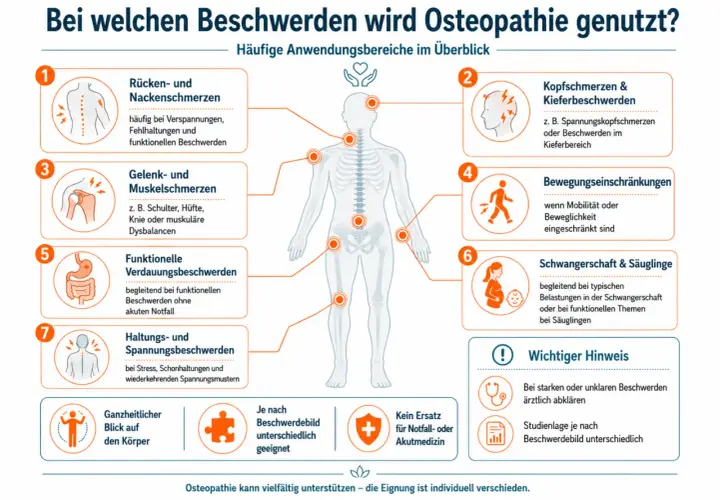 Osteopathie hilft bei Rücken-, Kopf-, Gelenk- und Verdauungsbeschwerden, Bewegungseinschränkungen, Schwangerschaft & Säuglingen.