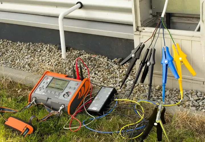 Przyrząd do pomiaru rezystancji izolacji podłączony do przewodów instalacji elektrycznej.