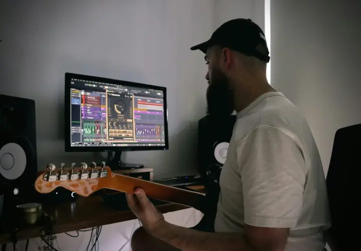 Mężczyzna z brodą i czapką z daszkiem uczy się, jak podłączyć gitarę do PC, pracując nad muzyką na komputerze.