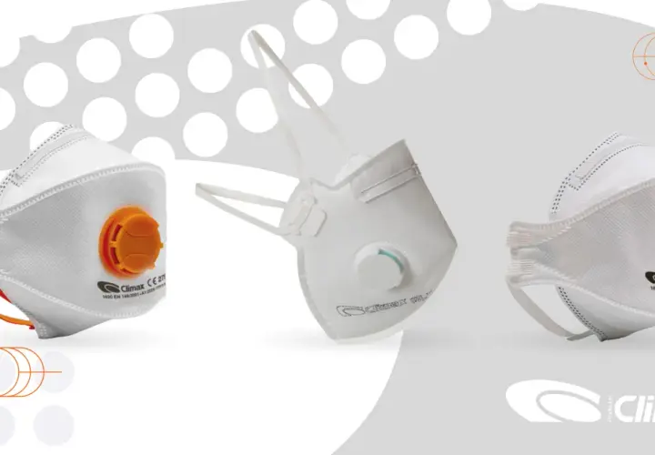 Tres mascarillas FFP2 Climax, con válvula naranja y blanca, listas para proteger.