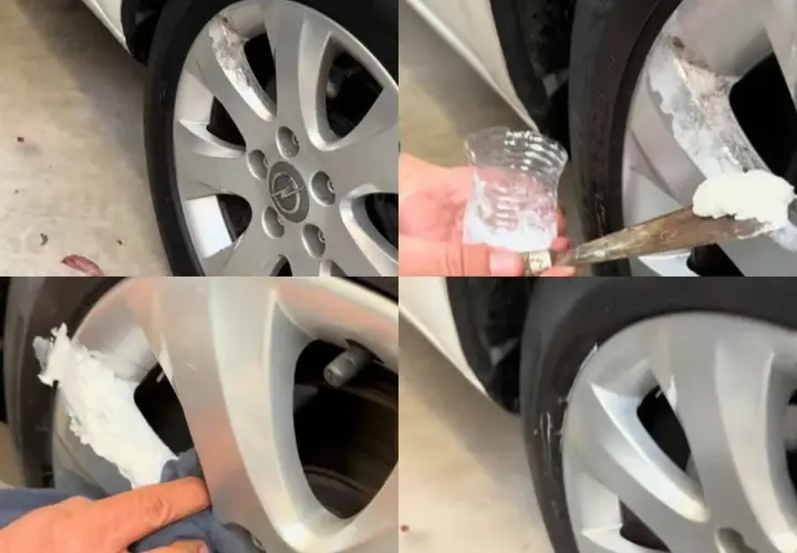 Pasos para reparar llantas de aluminio: aplicación de pasta para rellenar imperfecciones y pulido.