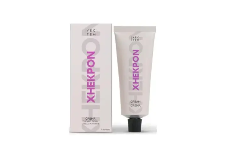 Crema Xhekpon, recomendada por dermatólogos. Caja y tubo de cuidado facial para cuello y escote.