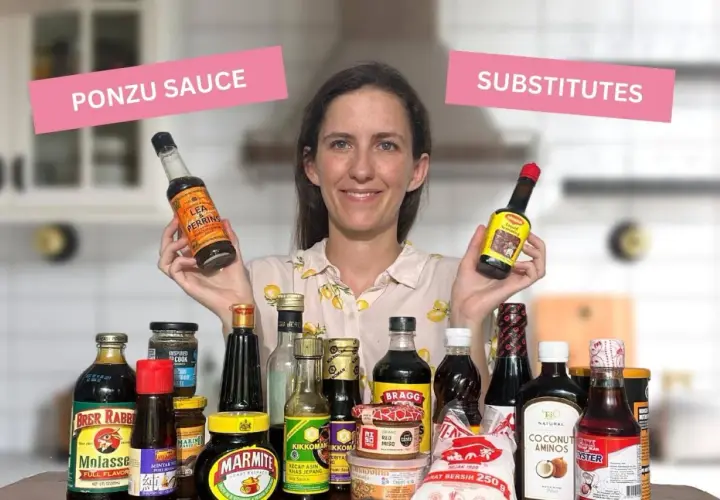 Woman holds Lea & Perrins and Maggi, showcasing various bottles and jars as ponzu sauce substitutes.