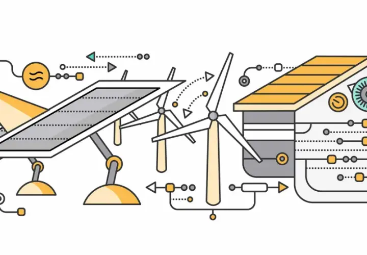 Ilustracja przedstawia schemat działania domu pasywnego z panelami słonecznymi i turbiną wiatrową, symbolizującymi pozyskiwanie energii.