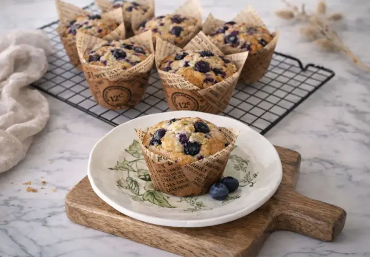 Un délicieux muffin myrtille, tout juste sorti du four, posé sur une assiette décorée. D'autres muffins myrtilles refroidissent sur une grille.