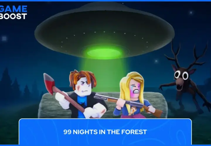 Postacie z gry Roblox w lesie pod UFO, z przerażającym jelonkiem.
