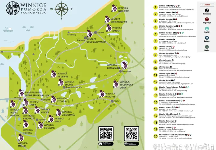 Mapa winnice w Polsce. Zachodniopomorskie winiarnie, od Darłowa po Szczecin, zapraszają na degustacje i zwiedzanie.