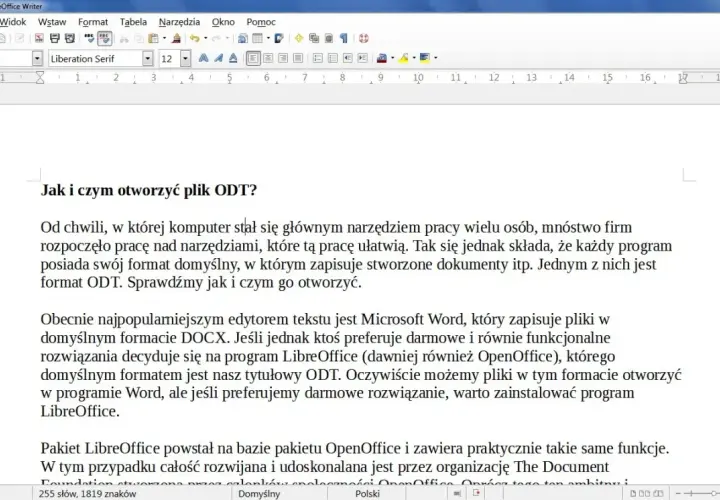 Otwieranie pliku ODT w LibreOffice Writer. Program ten, dawniej znany jako OpenOffice, oferuje darmowe i funkcjonalne rozwiązanie do pracy z dokumentami.