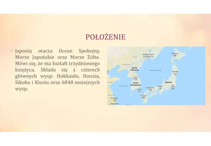 Mapa pokazuje położenie Japonii, otoczonej przez Morze Japońskie i Morze Żółte. Kraj ten, przypominający kształtem księżyc, składa się z wielu wysp.