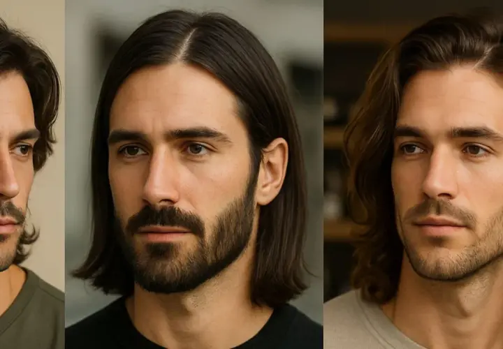 Tres hombres con pelo largo y barba. El de la izquierda tiene bigote, el del medio barba completa y el de la derecha barba corta.