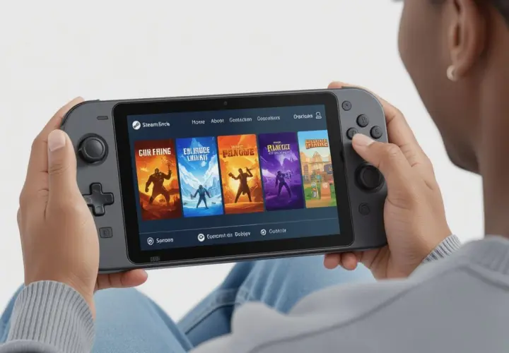 Osoba gra na przenośnym urządzeniu Steam Deck, przeglądając gry. Dowiedz się, jak grać w gry Steam na Android bez Steam Link.