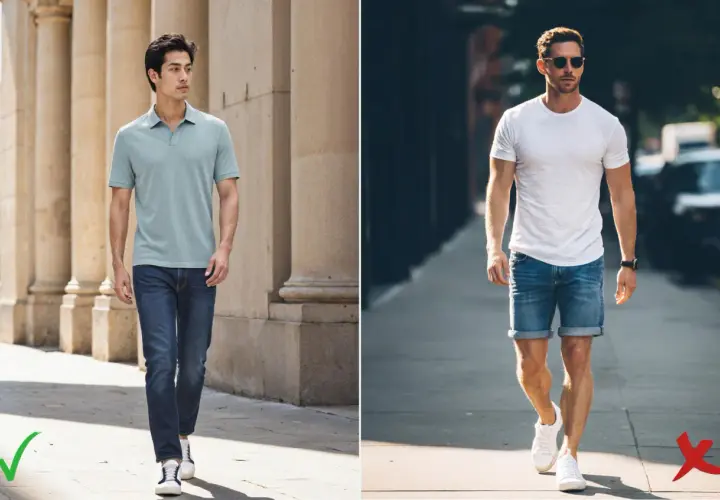 Hombre con atuendo smart casual: polo azul y jeans, o camiseta blanca y shorts vaqueros.