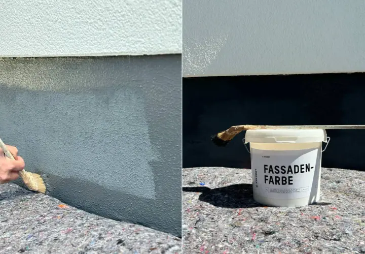 Beim **Haussockel streichen** wird die Fassadenfarbe mit einem Pinsel aufgetragen. Ein Eimer mit "FASSADEN-FARBE" steht bereit.