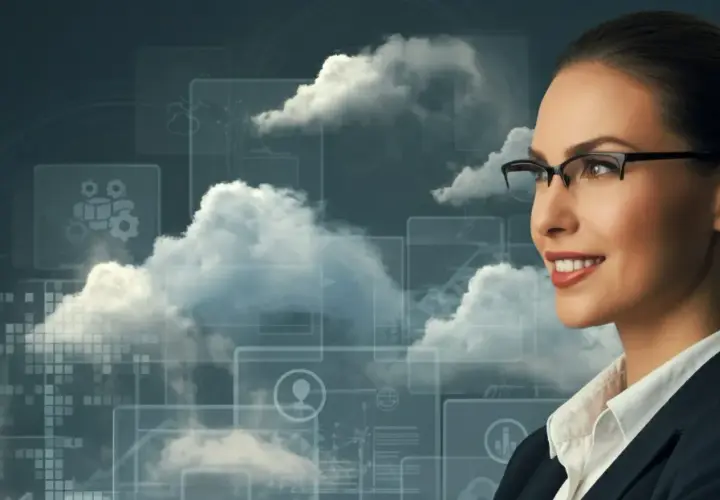 Femme d'affaires souriante, lunettes, devant un fond de nuages et d'icônes symbolisant la stratégie de migration vers le cloud.