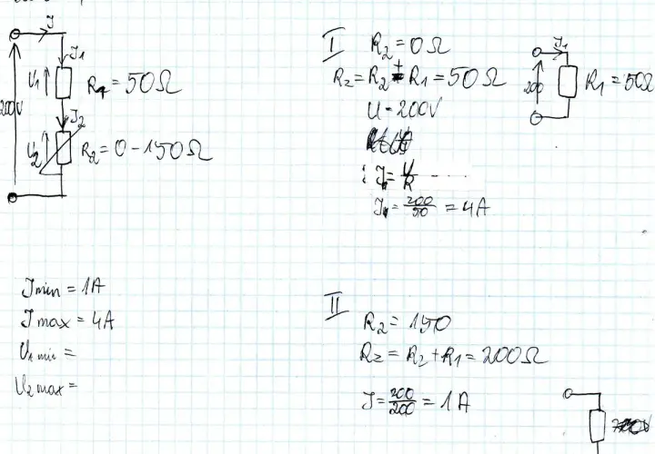 Obliczanie spadku napięcia w obwodzie z rezystancją zmienną R2. Przykład z R1=50Ω, U=200V.