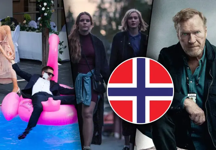 Collage med scener från en norsk serie. En kvinna drar i en mans arm när han sitter på en rosa flamingo i en pool. Två unga kvinnor går. En man med polisbricka.