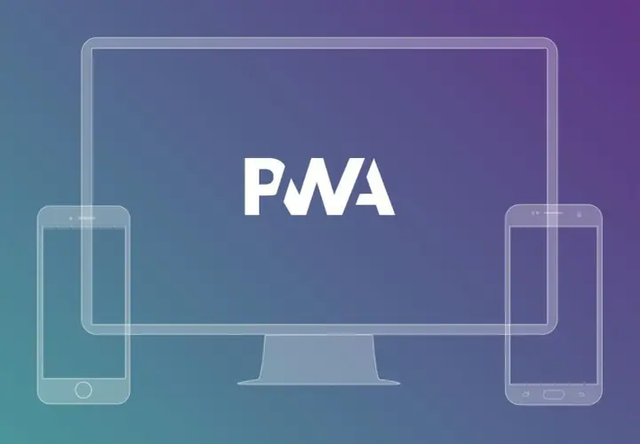 Icônes de moniteur et de smartphones connectés, avec le logo PWA au centre. Une application PWA accessible sur tous vos appareils.