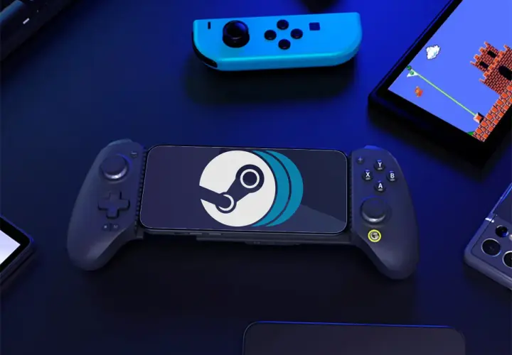 Smartfon z logo Steam w uchwycie gamingowym, idealny do grania w gry z PC na Androidzie. Obok kontroler i ekran z grą retro.